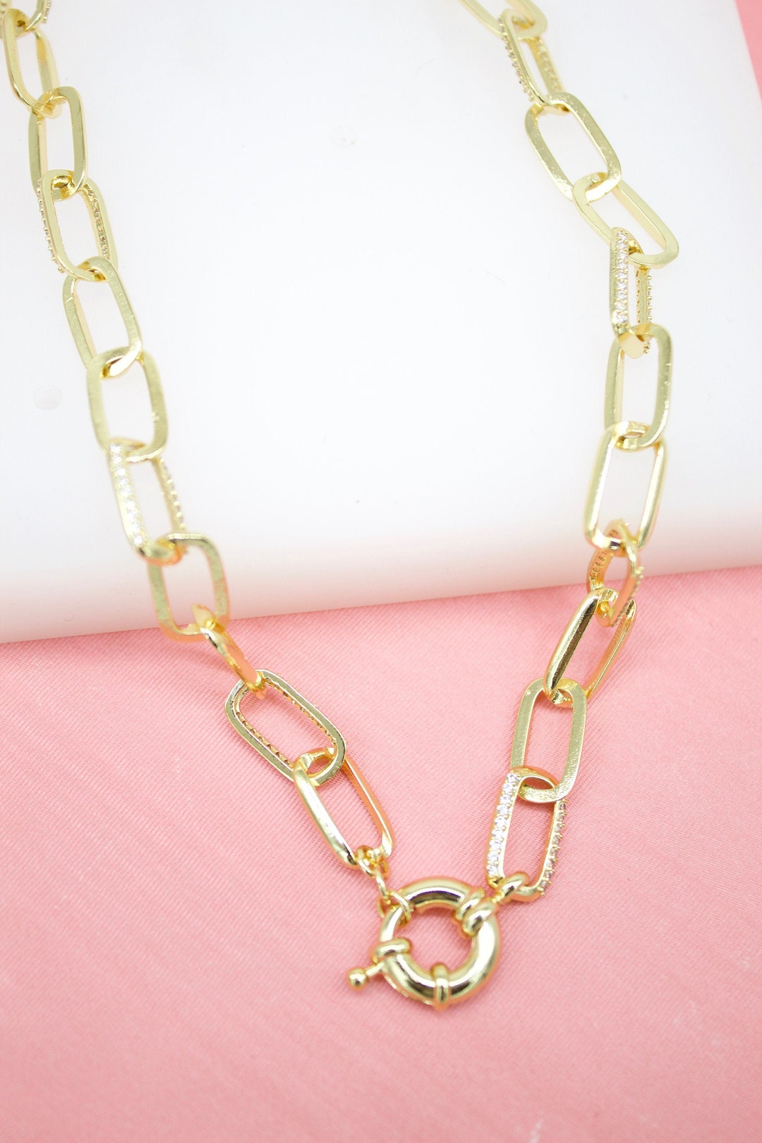 18K Gold Filled 8mm Paperclip Chain With CZ Cubic Zirconia Stones for