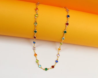 18k Gold Filled Charm Necklace | MultiColor CZ Stone Charms Necklace | Round Multicolor Zirconia Stone Necklace | Wholesale (F225A)(I69A)
