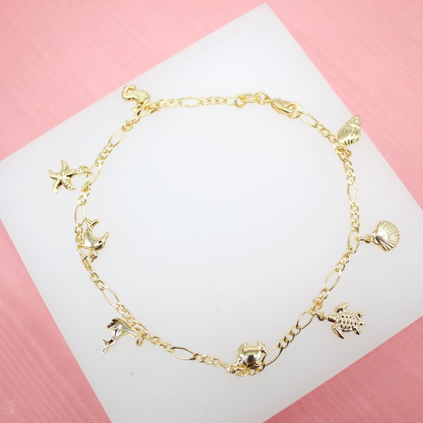 18K Gold Filled Beach Sea Shell, Star Fish, Sea Horse, Turtle Charm Anklet For Wholesale Dainty Ankle Bracelet Jewelry Making Supplies (E29)