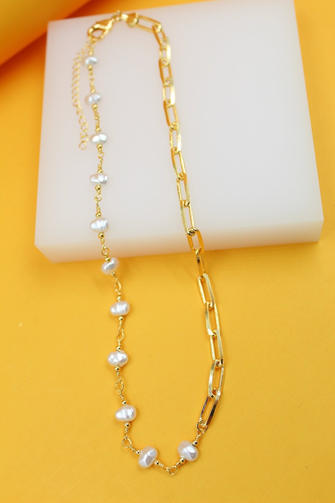 18K Gold Filled Pearl Paperclip Chain Necklace Gold Paperclip Necklace Gold Filled Paperclip