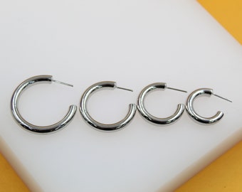 18K Rhodium Filled Chunky Open Hoop Earrings | Silver Open Hoop Earring | Thick Silver Hoops | Wholesale Jewelry (K17, K16, K15, K14)