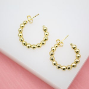 18K Gold Filled Round Golden Beaded Open Hoop Stud Earrings For Wholesale Beads Earring Jewelry Supplies & Findings (K58) (K59)