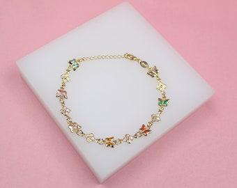 18K Gold Layered Textured Link Charm Bracelet with Puffy Heart, Lady Bug & Flower Charms Wholesale Jewelry