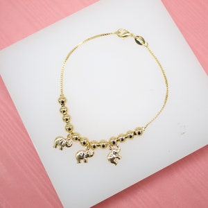 18K Gold Filled Beaded Chain Bracelet With Elephant Charms For Wholesale Bracelets & Jewelry Making Supplies (I187)