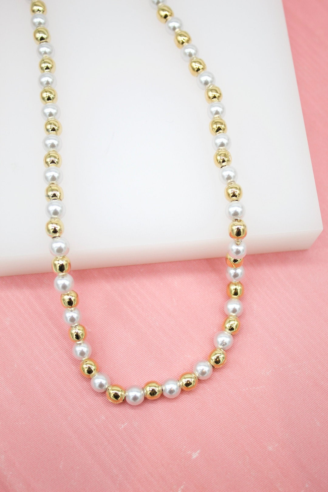 18K Gold Filled 6mm Pearl & Gold Bead Ball Chain Necklace for Wholesale