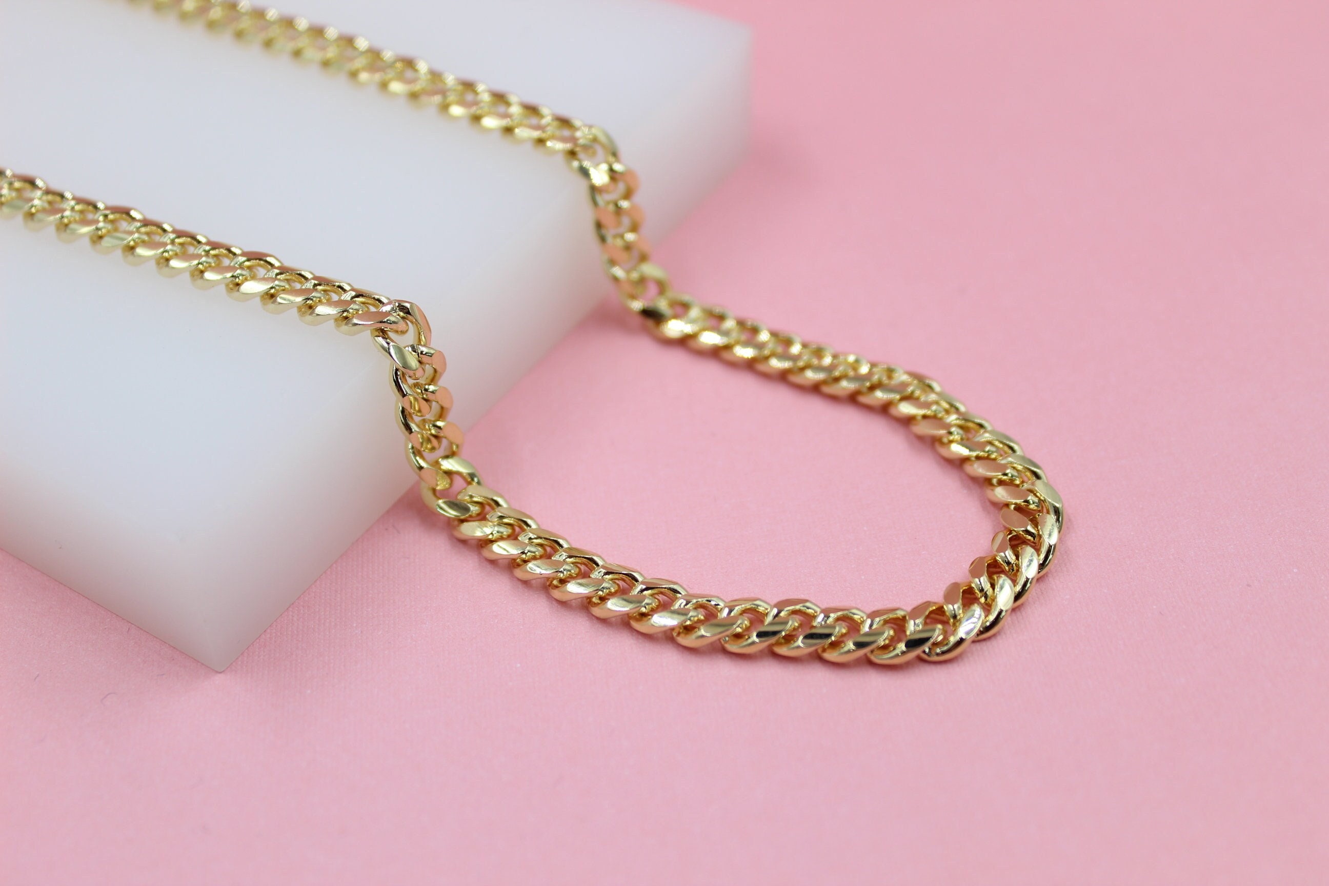 Gold Large Clasp Curb Chain Necklace, Silver Stainless Steel Cuban Diamond Cut Miami Flat Link Necklace, Women and Men Necklaces 18 inch / Gold