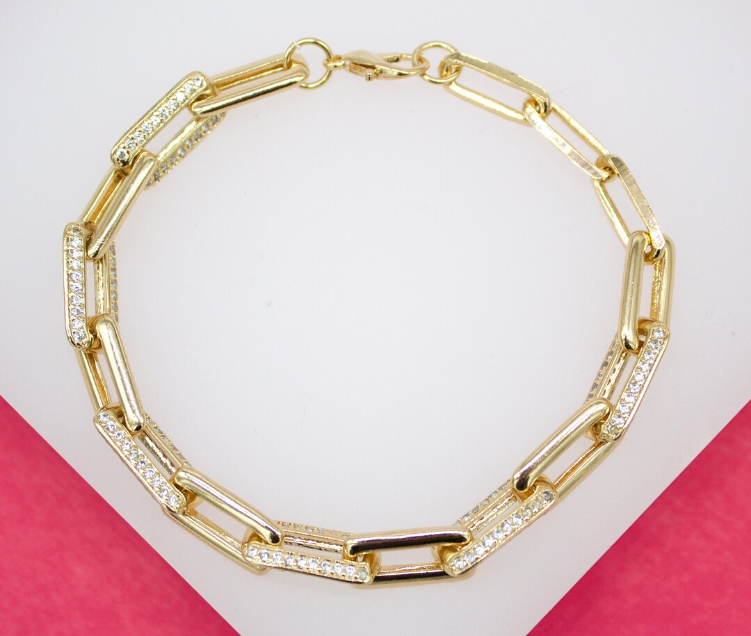 18K Gold Filled 7mm Paperclip Bracelet With CZ Cubic Zirconia Stones