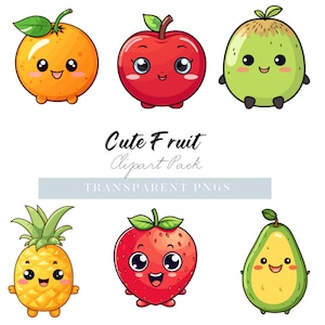 Cute fruit clipart, Kawaii, Lemon, Watermelon, Pineapple,  Orange, Strawberry PNG file