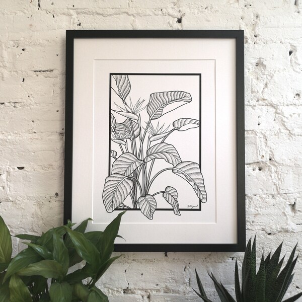Bird of Paradise Tropical Plant Wall Print A3 or A4 | Exotic Strelitzia Flower Art | Black and White Dotwork Tattoo Inspired Home Decor