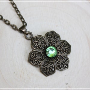 Bronze and rhinestone flower pendants - Cord included