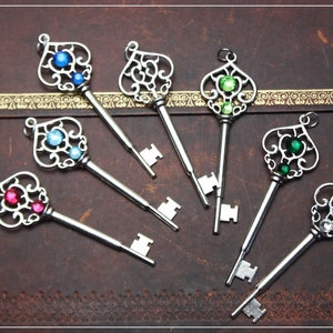 Può includere: Sette chiavi d'argento ornate con pietre preziose di diversi colori. Ogni chiave ha una testa decorativa a forma di cuore con elaborate volute.