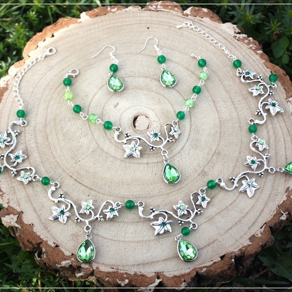 Elven necklace set fantasy ivy leaves charms drops rhinestones and pearls