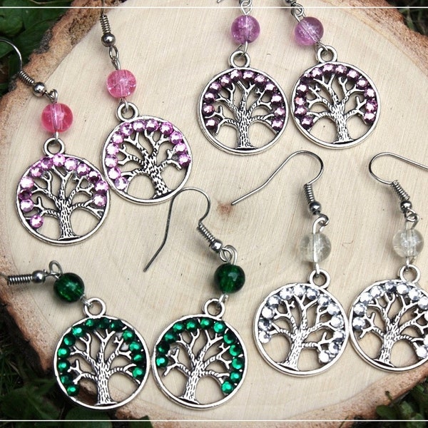 Boucles d'oreilles pendantes argentés perles et strass  "Arbres de vie"