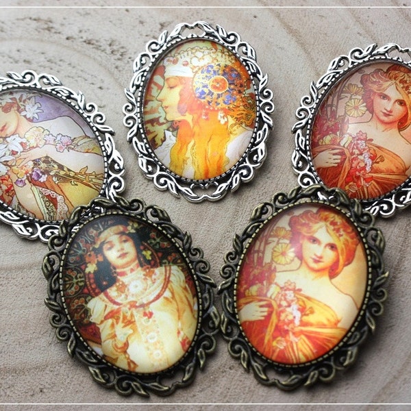 Broches "Alfons Mucha Art Nouveau camé cabochon"