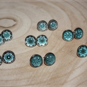 Silver cabochon stud earrings &quot;Mandalas - Blue green&quot;