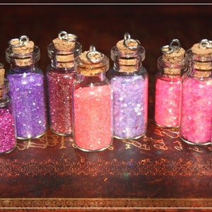 Small bottle vial pendants, pink, red, purple glitter - Cord included