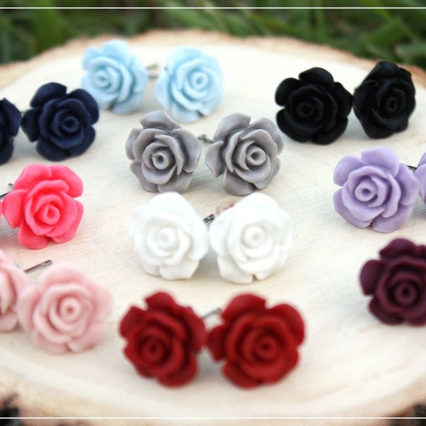 Boucles d'oreilles bases argentées "Roses mattes colorées"