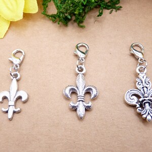 Könnte beinhalten: Drei silberfarbene Fleur-de-Lis-Anhänger mit Karabinerverschlüssen. Die Anhänger weisen unterschiedliche Designs auf, von einer einfachen Kontur bis hin zu aufwendigeren Mustern. Sie werden vor einem neutralen Hintergrund mit gelben und grünen Akzenten präsentiert.