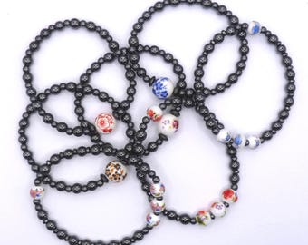 Handmade bracelets, natural stone, hematite, porcelain beads, stretch bracelet, elastic