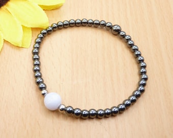 Bracelet, natural stones, hematite beads, chalcedony, stainless steel spacer beads, gemstone beads