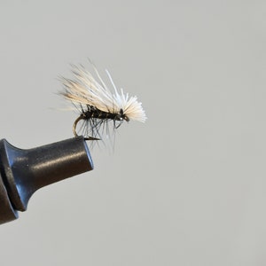 May include: A black and white fly fishing lure with white feathers and a black body.