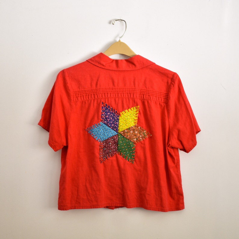 Vintage 90\u2019s Cherry Red Patchwork Button Down Tee large