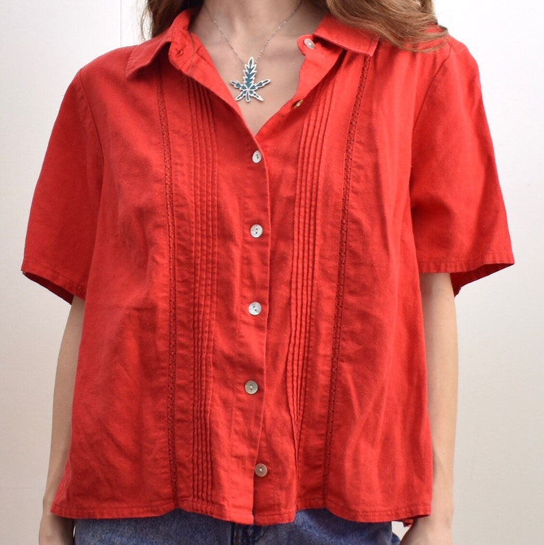 Vintage 90\u2019s Cherry Red Patchwork Button Down Tee large