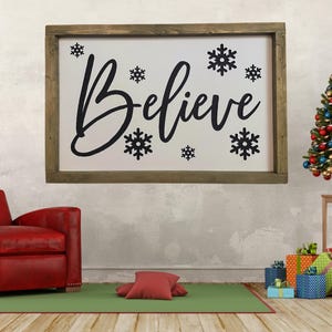 Believe Christmas Sign - Inspirational Wall Art for Holiday Decor - Perfect for Home, Gifts, and Seasonal Cheer, Farmhouse Christmas Sign