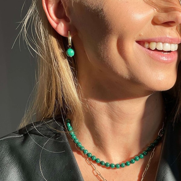 Gold Plated Malachite Earrings, Dainty Green Gemstone Jewelry