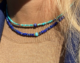 Lapis Lazuli Turquoise Choker Set, Gold Plated Silver, Layered Necklace