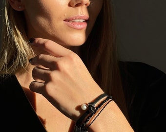 Bracelet en cuir bijoux perles d’eau douce pierres précieuses bracelet pierre de naissance bracelet breloque minimaliste, cadeau pour son bracelet en cuir noir