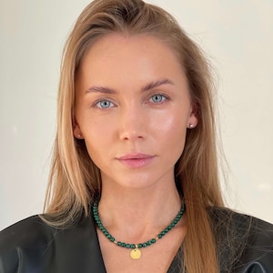 Malachite necklace statement bestfriend gifts for her dainty delicate necklace natural malachite beads 6 mm pendant 12 mm silver gold plated