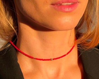 Minimalist necklace choker red coral necklace sterling silver gold plated dainty birthstone Mothers day gifts for mom necklace gifts for her