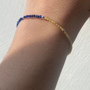 May include: A blue and yellow beaded bracelet with silver accents. The bracelet is made of small, round beads and is strung on a thin, silver chain.