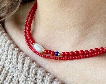 Coral Choker Necklace Set with Baroque Pearl and Lapis Lazuli