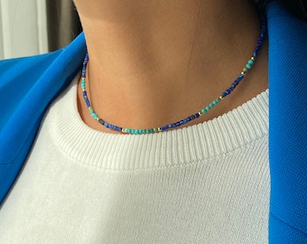 Lapis Lazuli Turquoise Choker Necklace, Gold Plated Silver 925