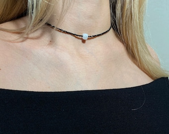 Schwarzer Spinell Choker mit Mondstein - Sterling Silber