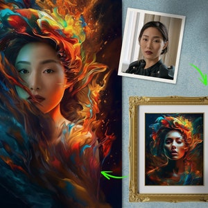 Puede incluir: Una pintura digital de una mujer con el pelo suelto, rodeada de colores vibrantes de azul, naranja, amarillo y rojo. El rostro de la mujer está parcialmente oculto por los remolinos de colores.