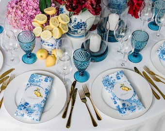 Servilletas de tela con estampado floral azul, juego para 10/15/20/30 personas, servilletas florales vintage, decoración de mesa para bodas, mesa de estilo cottagecore.