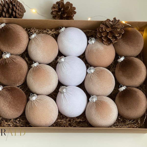 CHRISTMAS ORNAMENTS MIX | White, Beige, Brown - 15 Units Set | Handmade Velvet Balls, Home Tree Decoration