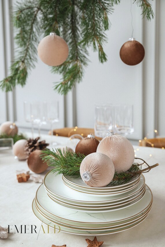 Christmas velvet ornaments - Beige, Moss green, Brown - 3.15 inch - 15  units set