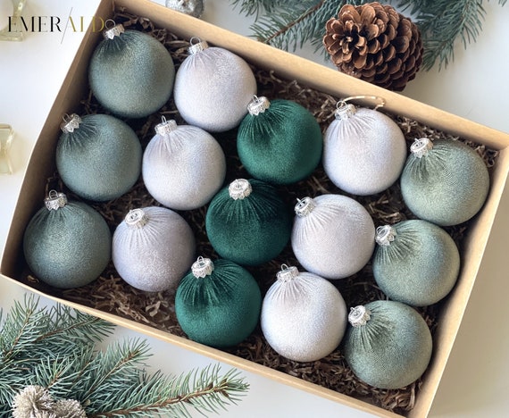 CHRISTMAS ORNAMENTS MIX Emerald, Sage Green, Silver 15 Units Set Handmade Velvet  Balls, Home Tree Decoration 