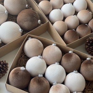 Complete Holiday Elegance: Handmade Velvet Christmas Ornament Set in 3 Sizes and Versatile Beige, Brown, and Vanilla Colors