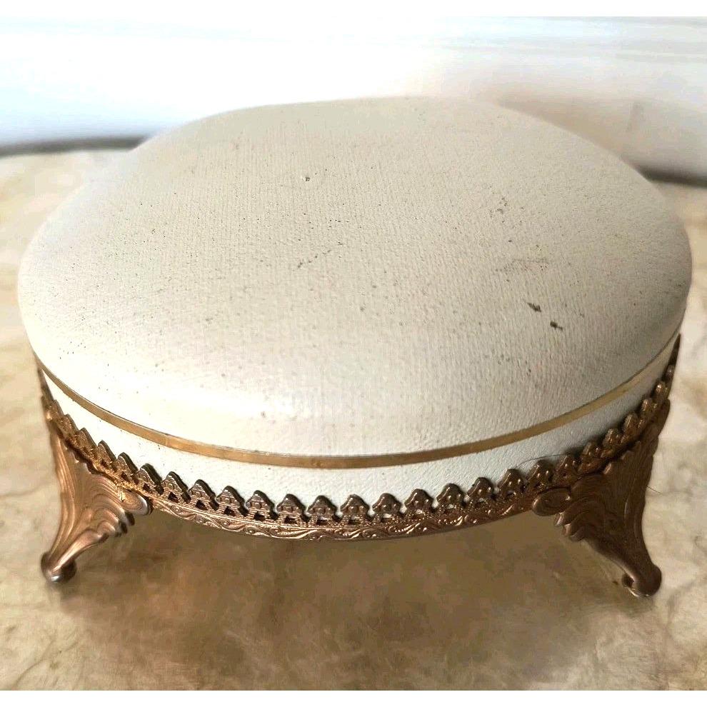 Vintage White Jewelry Box, Small Gold Footed and Hinged, GUC