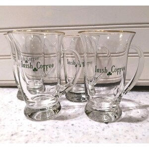Glass Irish Coffee Mugs, Vintage Shamrocks Hand Blown Handles Gold Rim, EUC