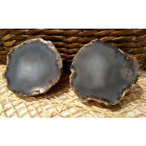 May include: Two gray agate slices with a rough, brown outer edge. The agate slices are translucent and have a white center.