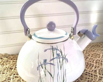 Vintage Corelle Shadow Iris Whistling Tea Kettle, Enamel Over Steel, GUC