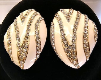 Vintage Ciner Cream Animal Print Enamel and Rhinestone Clip On Earrings, EUC