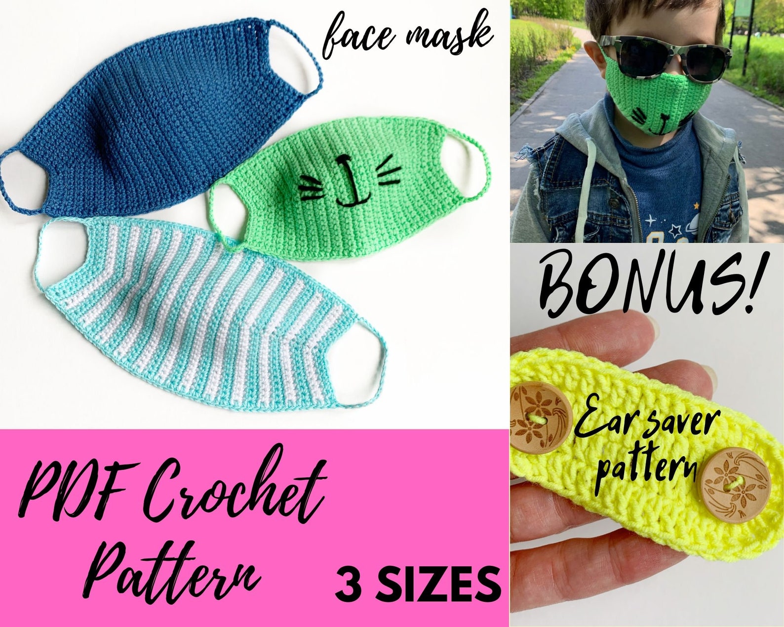 Easy crochet Pattern. Face mask crochet pattern. Ear saver Etsy