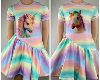 Drehkleid Sommerkleid Jerseykleid Regenbogen Einhorn oder Pferd